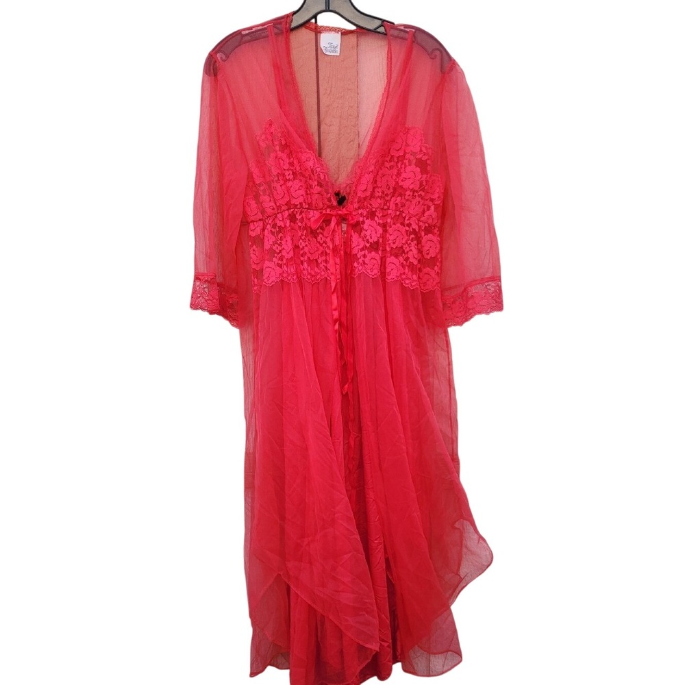 Vintage 60s Taryn Alexander Red Chiffon Lace Peignoir Nightie Set Retro Pinup